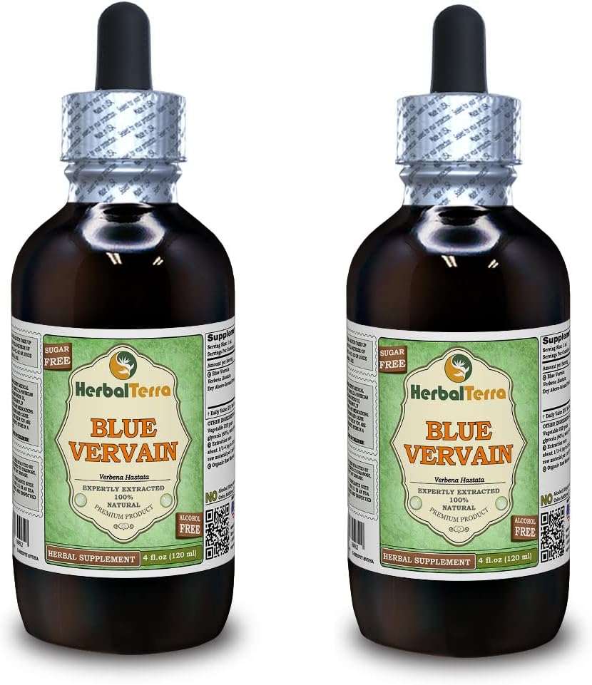 Blue Vervain (Verbena hastata) Glycerite, Organic uscate de mai sus părți de ulei lichid fără alcool (Brand Name: HerbalTerra, Proudly Made in USA) 2x4 fl.oz (2x120 ml)