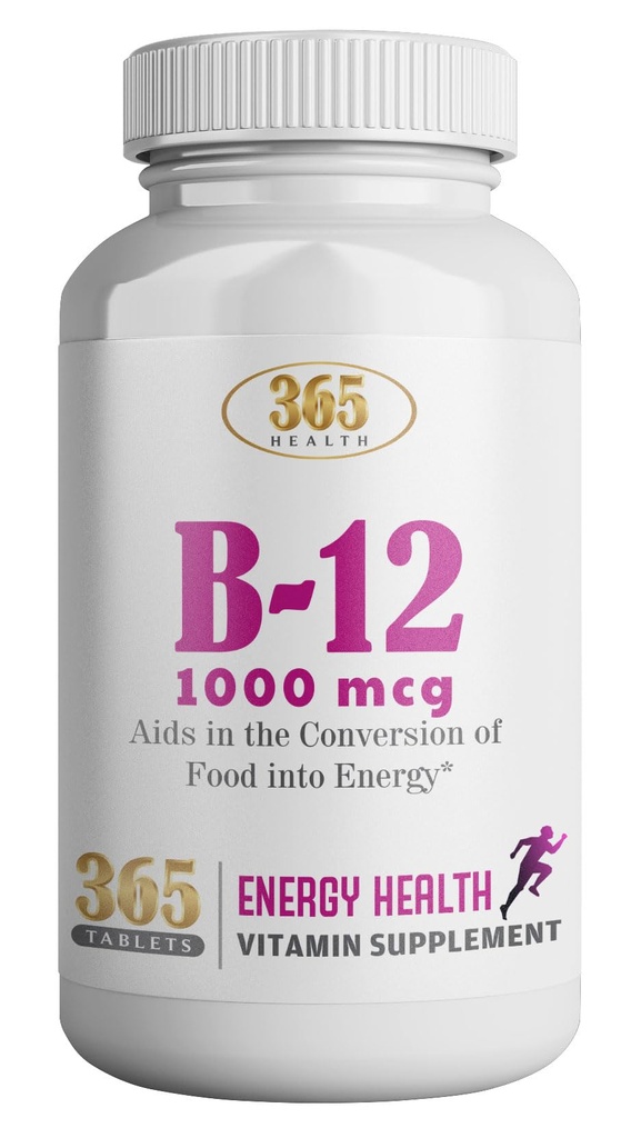 365 Sănătate de sănătate de HealthLIFE vitamina B12 1000mcg tablete, sprijin de conversie a energiei, Supliment alimentar pentru suport metabolic energie, 365 zile de aprovizionare