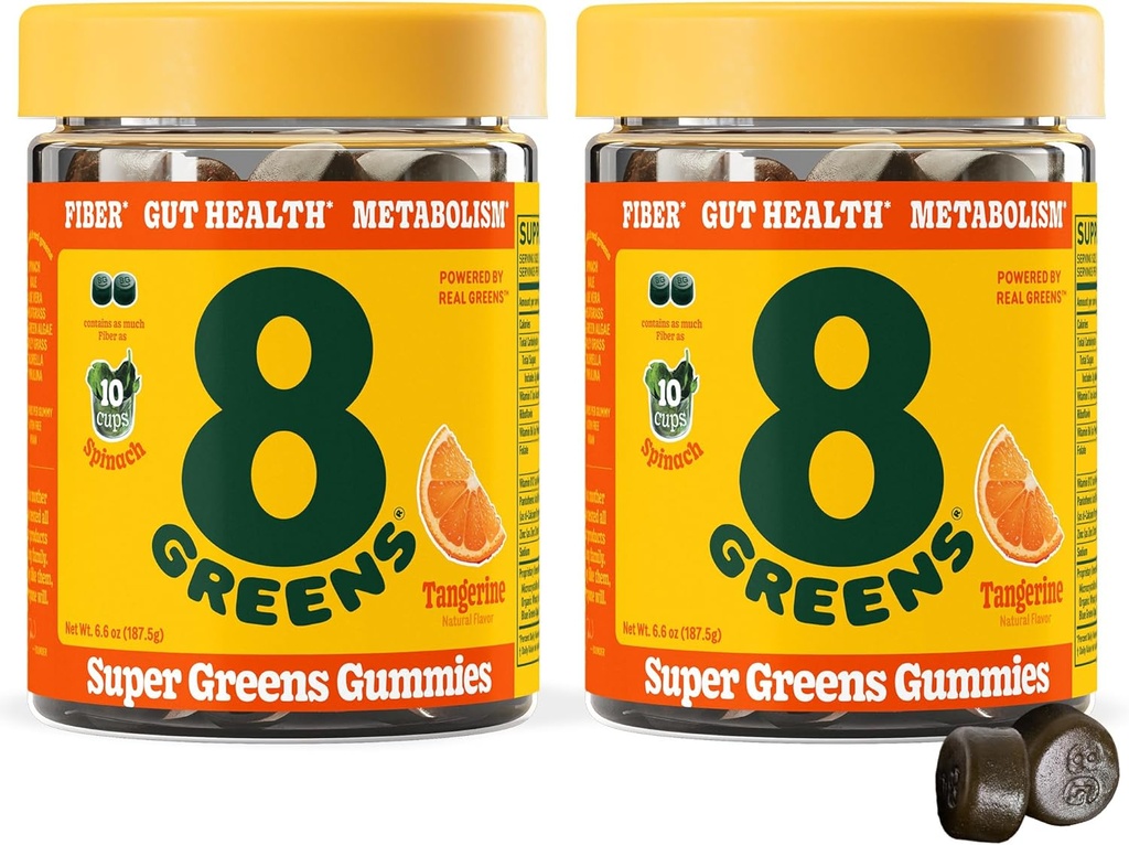 8Greens Daily Fiber Super Greens Gumries - Tangerine Aroma: Boost Immune System & Digestive Health with 8 Real Greens - Non-GMO Formula, Chewables, 50 Vegan Gummies, Pack of 2