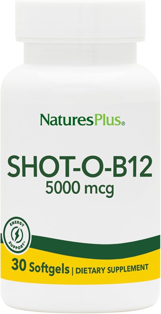 Naturas Plus Shot-O-B12 (Cyanocobalamină) - 5000 mcg, 30 Softgels - Potență ridicată, supliment rapid care acționează B12 - Booster de memorie și energie - Gluten-Free - 30 Serviri