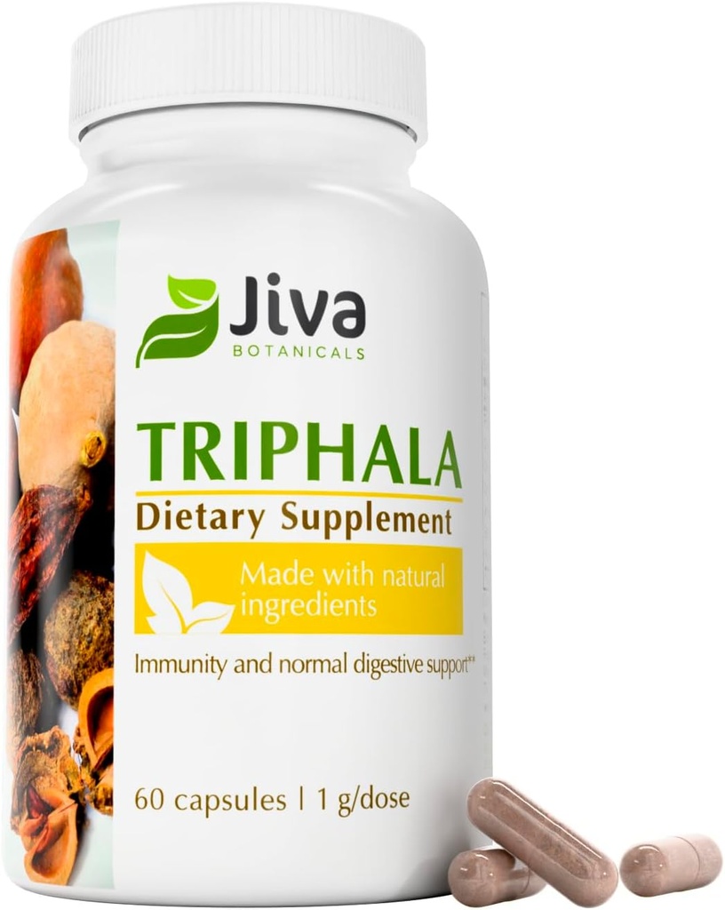 Jiva Botanicals Triphala Supliment - Capsule Triphala realizate cu Amalaki, Bibhitaki și Haritaki pulbere pentru normal Digestive Health & Normal Immune System - 60 capsule