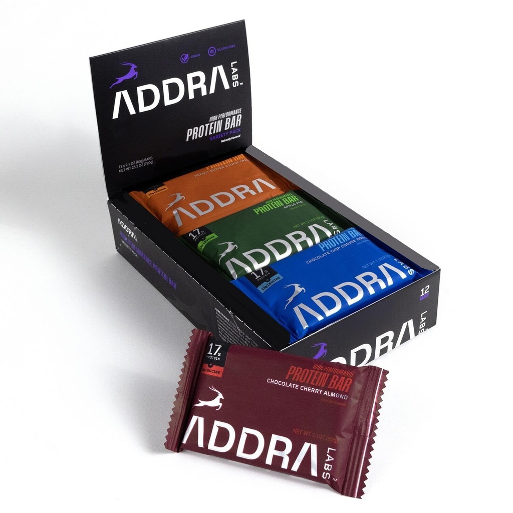 Baruri de proteine ADDRA - fără gluten, bare de recuperare musculare de înaltă protecţie pentru runners, 17g Proteină + 1,5g BCAA Leucine, zahăr scăzut, Vegan, plante-Based, & Dairy Flavors, mixt pachet de caz, 12 Pack
