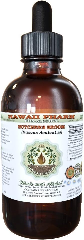 Butcher's Broom Alcool-Liquid extract, Organic Butcher's Broom (Ruscus aculeatus) Uscate Root Glicerite Hawaii Pharm Natural Herbal Supplement 4 oz