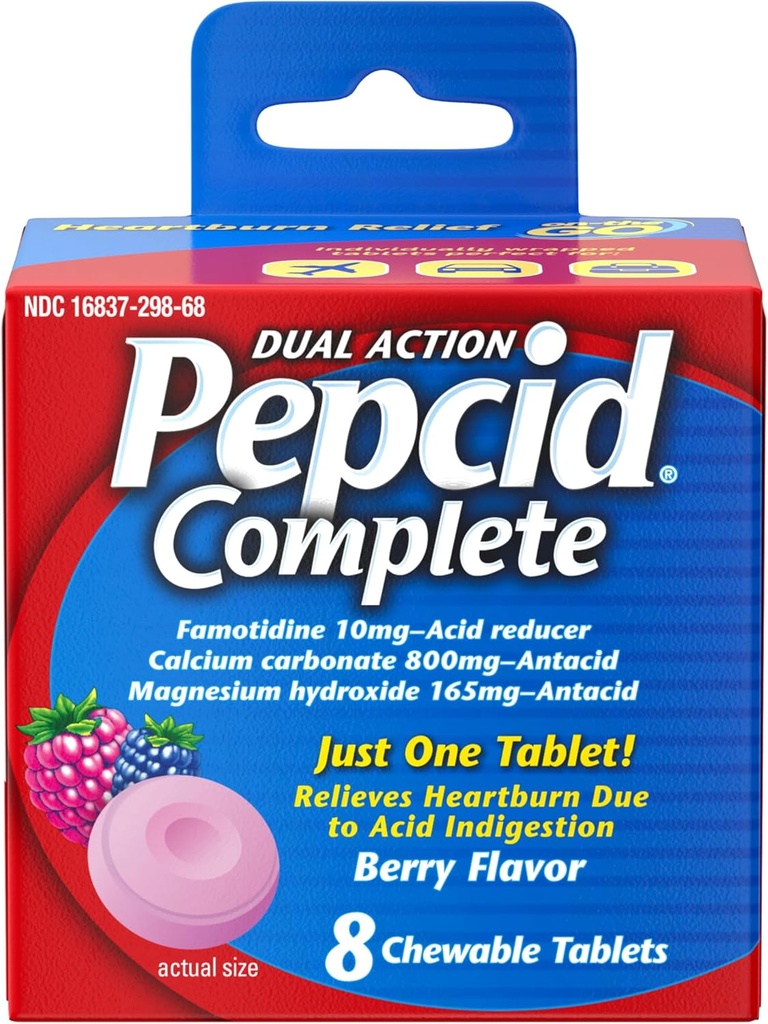 Pepcid Reductor complet de acid + Antiacid pentru Reflux acid, 10 mg Famotidină, 800 mg Carbonat de calciu & 165 mg Hidroxid de magneziu per comprimat de medicament pentru arsuri cardiace, Antiacid Chews, Berry, 8 ct