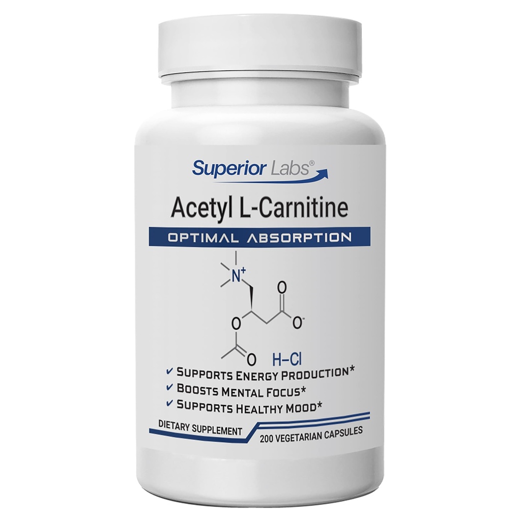 Labs Superior Acetil L-Carnitina 500 mg, Potency ALCAR, Pure non-GMO, Zero Aditivi sintetici, Absorbție maximă, Energie & Metabolizare Fat, Brain, Suport de dezintoxicare nervoasă și celulară, (200 Veg Caps)