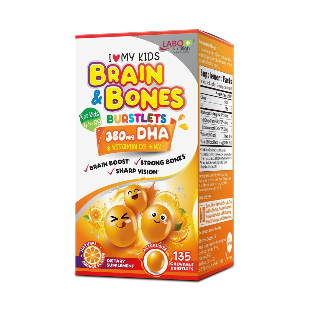 Labo Nutrition I My Kids Brain & Bones Chewable Burstlet, Gluten Free, for Stronger Bones & Behavioral Management, 76% Ultra-concentrat RTG Form Omega 3 DHA Fish Oil, Vitamina D3 & K2, Orange