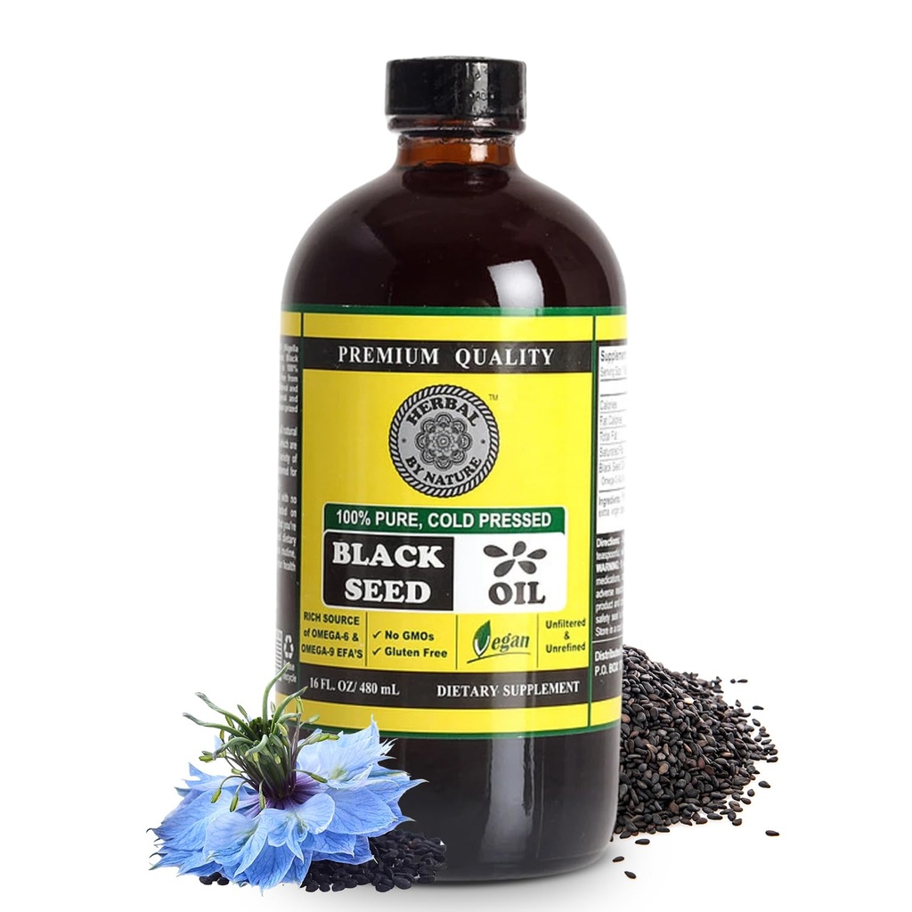 Ulei negru pur - 100% Pur Nigella Sativa - presat rece - Vegan - Non OMG - 16 oz - în sticla de sticla - Herbal de natura