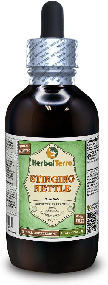 Stinging Nettle (Urtica Dioica) Glicerite, frunze uscate organice Extract lichid fără alcool (Brand Name: HerbalTerra, Proudly Made in USA) 4 fl.oz (120 ml)