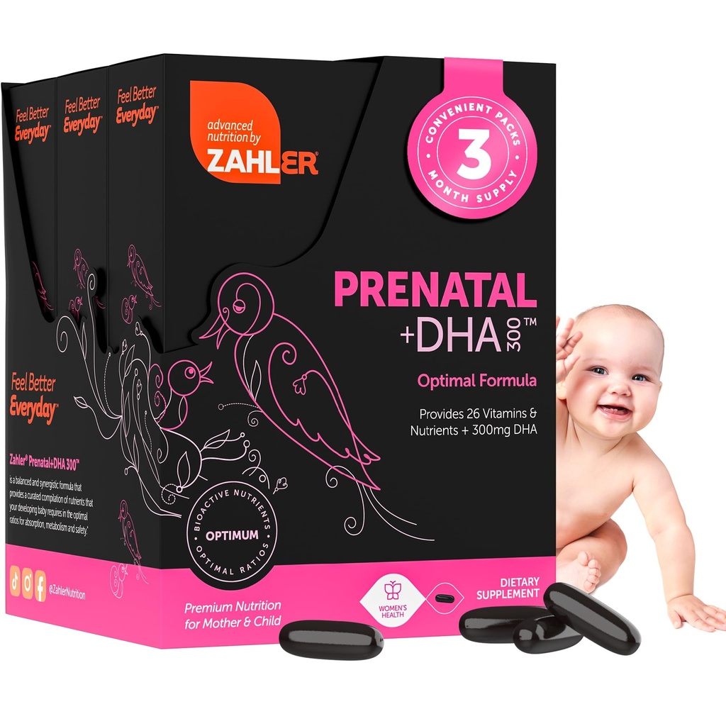 Zahler Vitamina prenatală cu DHA & Folat - Suplimente DHA & Multivitamine prenatale pentru mamă și copil - Vitamine prenatale prenatale DHA Kosher cu fier, Pre Natal Softgels (180 Count (Pachet de 1))
