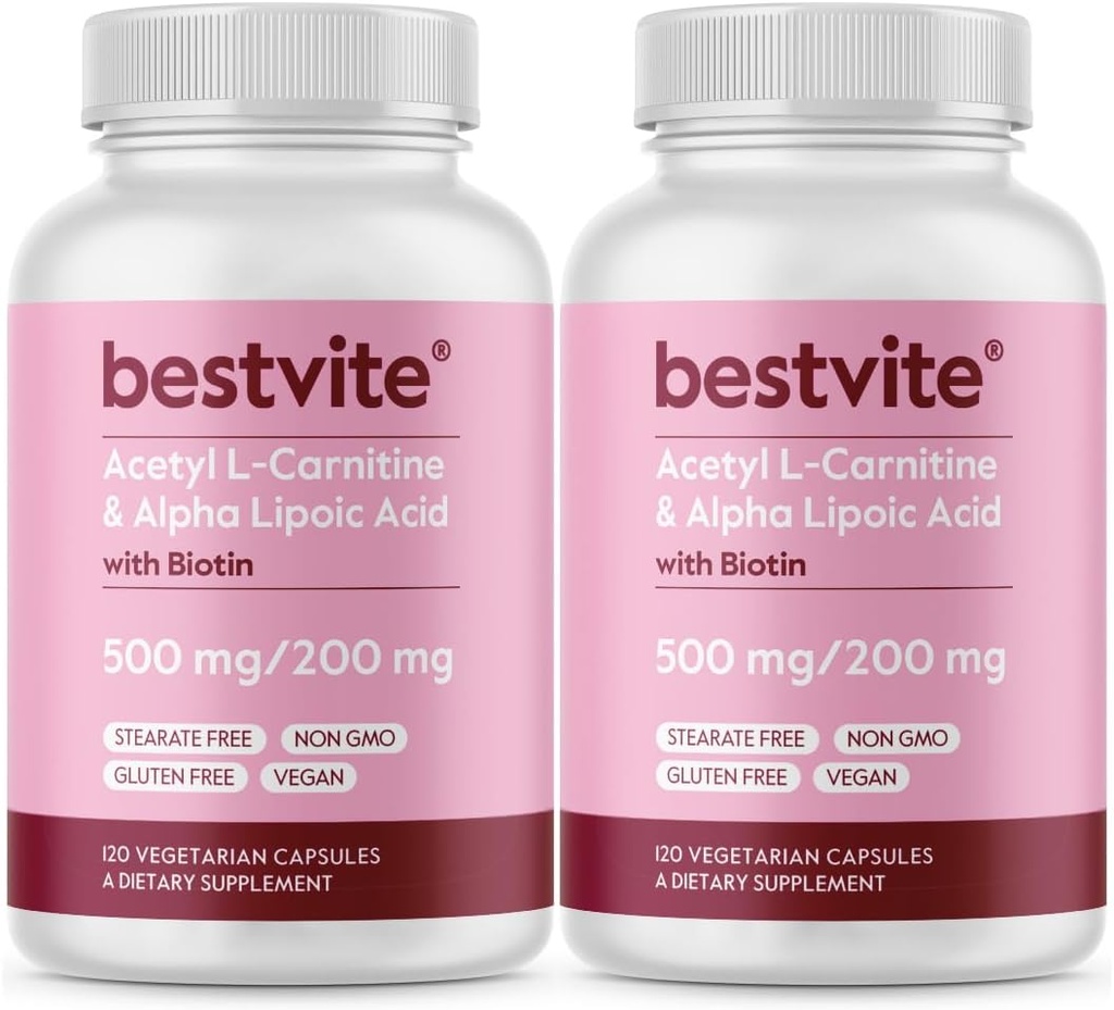 BESTVITE Acetil L-Carnitină 500mg & Alpha Acid lipoic 200mg per capsulă cu Biotină (240 Capsule vegetariene) (120 x 2) - Fără Stearete - Vegan - Non OMG - Gluten Free