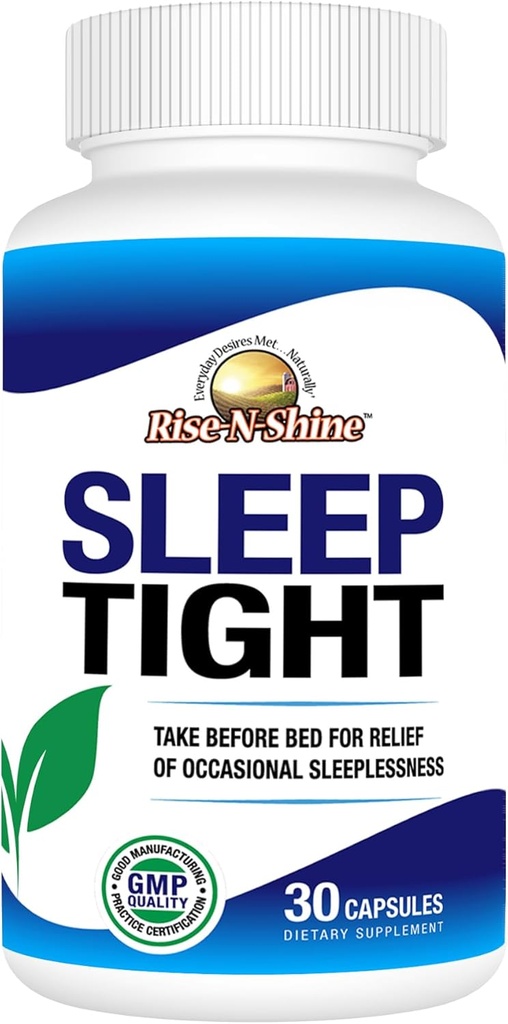 Rise-N-Shine Sleep Tight Supliment cu 5 HTP, Magneziu, GABA și L-Teanină - pentru femei și bărbați - 30 de zile de aprovizionare (30 capsule)