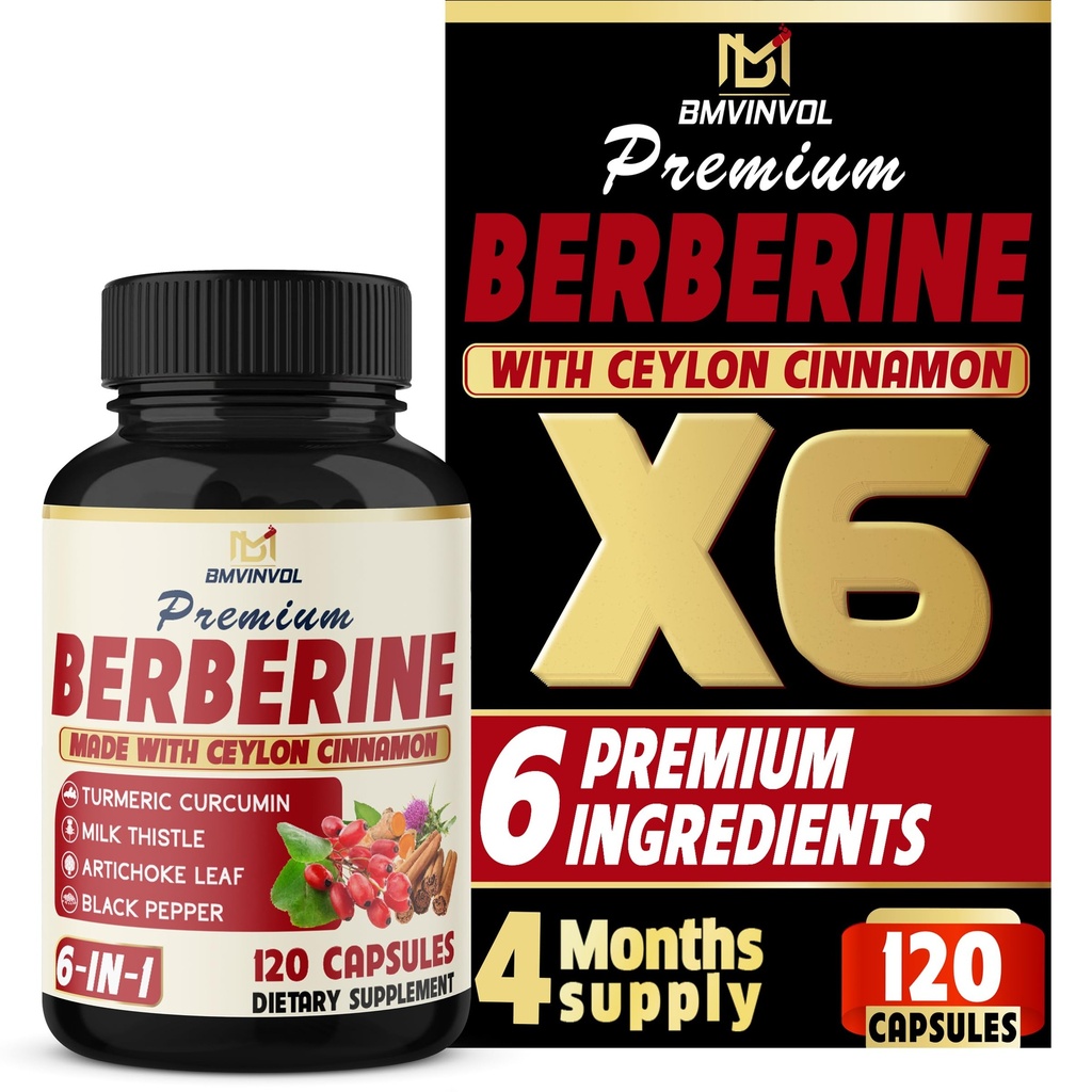 BMVINVOL 6in1 Berberine Supliment cu Ceylon Scorțișoară, Root Tumeric, Thistle lapte, Anghinare, Pepper negru -120 capsule pentru 4 luni de aprovizionare