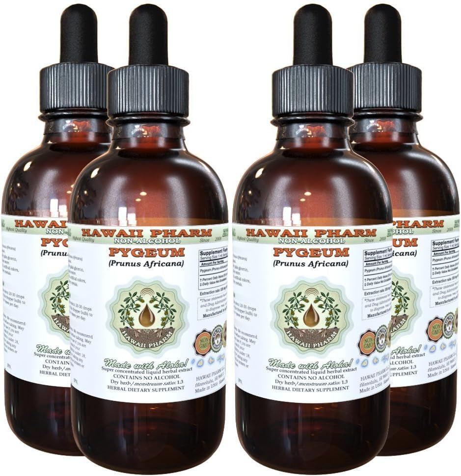 African Cherry Pygeum Alcool-Liquid extract, African Cherry Pygeum (Prunus Africana) Bark Glycerite Natural Herbal Supplement, Hawaii Pharm, SUA 4x4 oz
