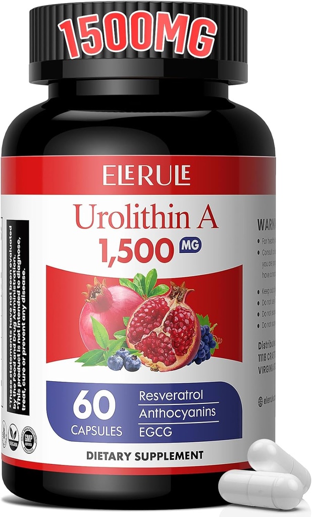 Urolitina Un supliment 1000 mg Plus Trans-Resveratrol, Anthcianine, Ceai Verde, Promovarea imbatranire sanatoasa, Suporturi Cellulare si Energie pentru barbati si femei, 60 Capsule-60