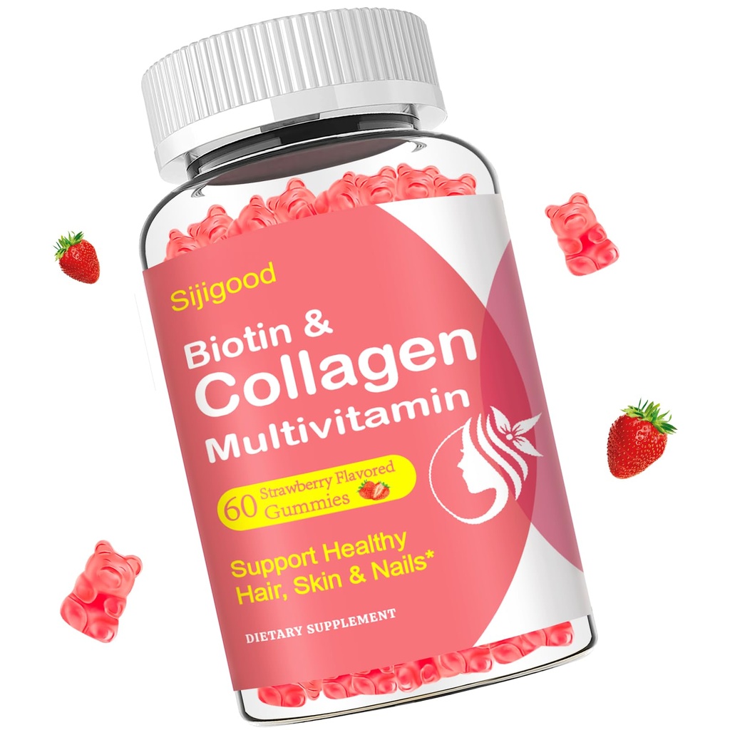 Colagen Gummies pentru femei Bărbaţi, Femei peste 50, Colagen Peptides Proteine Tip I,II,III,V,X cu Biotin Keratina Vitamina C A D E B12 K2 pentru unghii de păr de piele Imunitate Energie 60 Căpșuni aroma Gumies