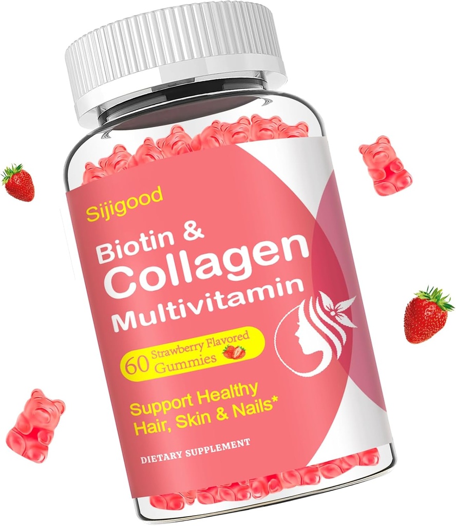 Colagen Gummies pentru femei Bărbaţi, Femei peste 50, Colagen Peptides Proteine Tip I,II,III,V,X cu Biotin Keratina Vitamina C A D E B12 K2 pentru unghii de păr de piele Imunitate Energie 60 Căpșuni aroma Gumies