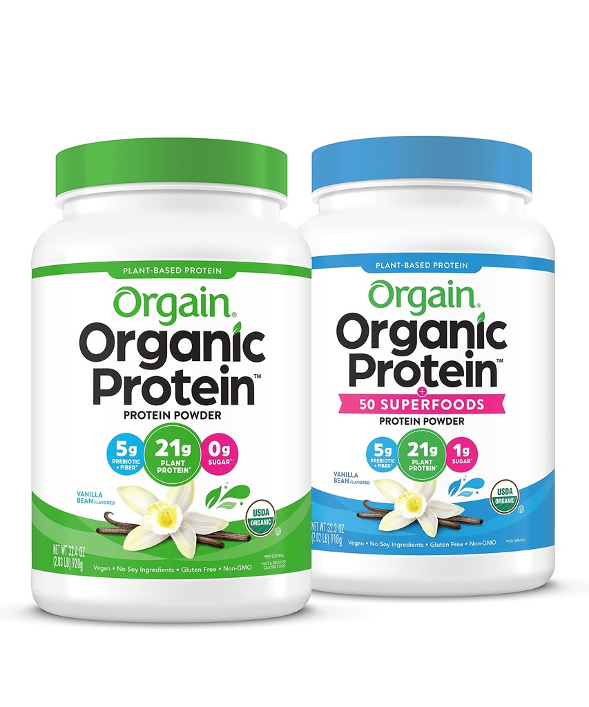 Orgain Organic Vegan & Proteina organica + Superalimente Pulbere, Vanilla Bean Aroma - Proteina pe baza de plante, Gluten gratuit