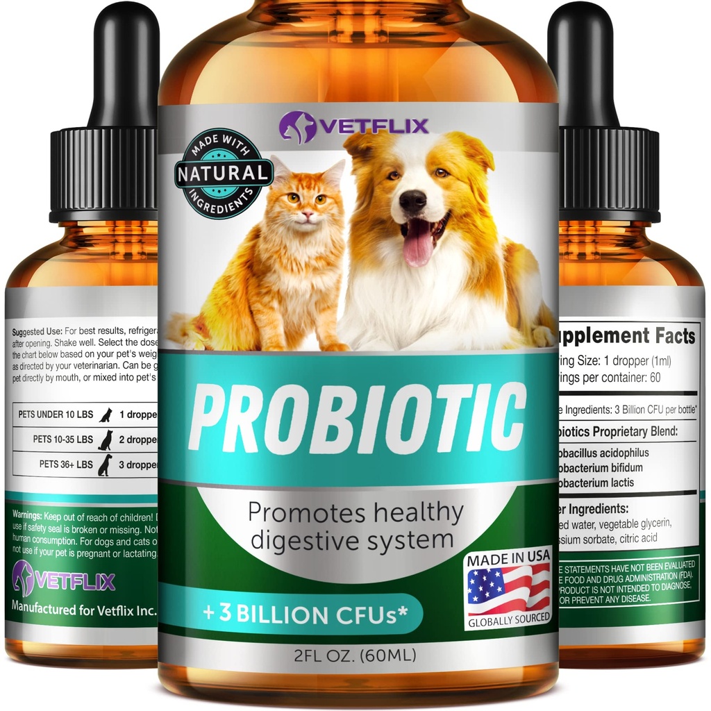 Probiotice Premium pentru câini, pisici - enzime digestive & Prebiotice Supliment - ajută la eliminarea diareei, vărsăturilor, stomacului, gazelor, constipației și respirației proaste - Suportă sistemul digestiv - 2 Fl Oz