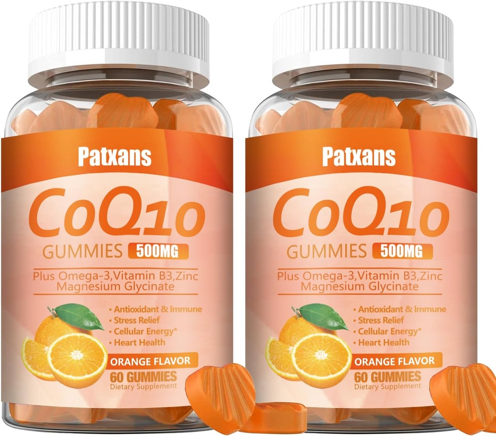 2 Packs 500MG CoQ10 Supliment Gummies, Omega-3, Magneziu, Vitamina B3, Zinc, Ultra mare Absorbție oferă suport sănătos pentru inimă, energie celulară și antioxidanți, 120Cts.