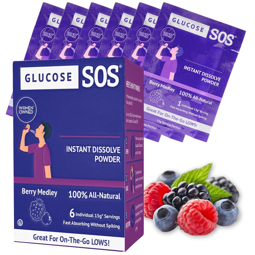 Glucoză SOS Glucoză Berry Medley Glucoză Pulbere, Pachete naturale de dextroză, Absorbţie rapidă, Disfuncţii instant, Nu este nevoie de apă, 6 Sachete per cutie