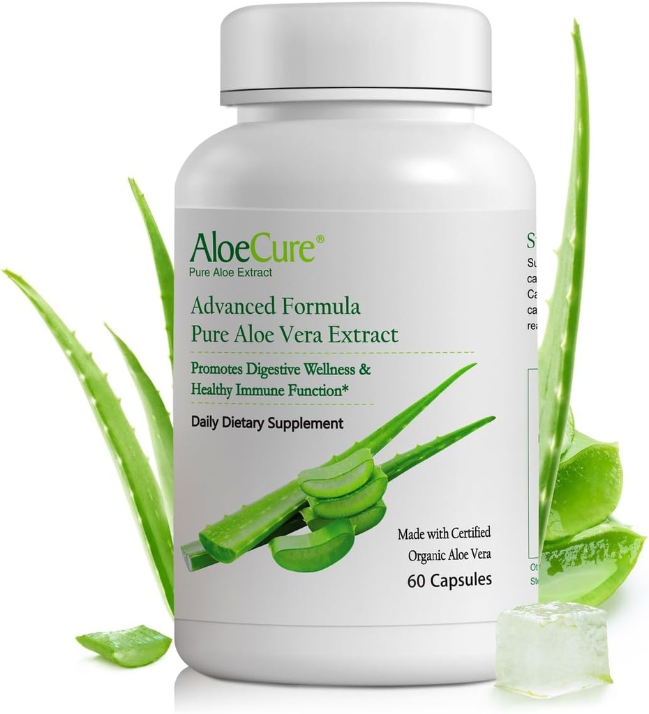 AloeCure Capsule organice Aloe Vera, 130.000 mg Inner Aloe Leaf Equivelant per Serving, Suport Sanatate si Digestive Comfort, Acid gastric Buffer, Supliment imunitar natural, Aloin gratuit, 60 capsule