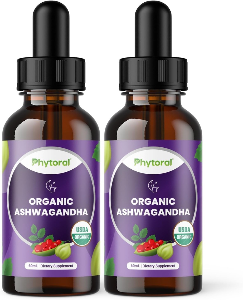 Phitoral Organic Ashwagandha Picături lichide pentru adulți - Potent lichid Ashwagandha extract de rădăcină pentru energie și suport de mood - Tincture Vegan non-GMO Gluten și alcool-Free (240 Serviri)