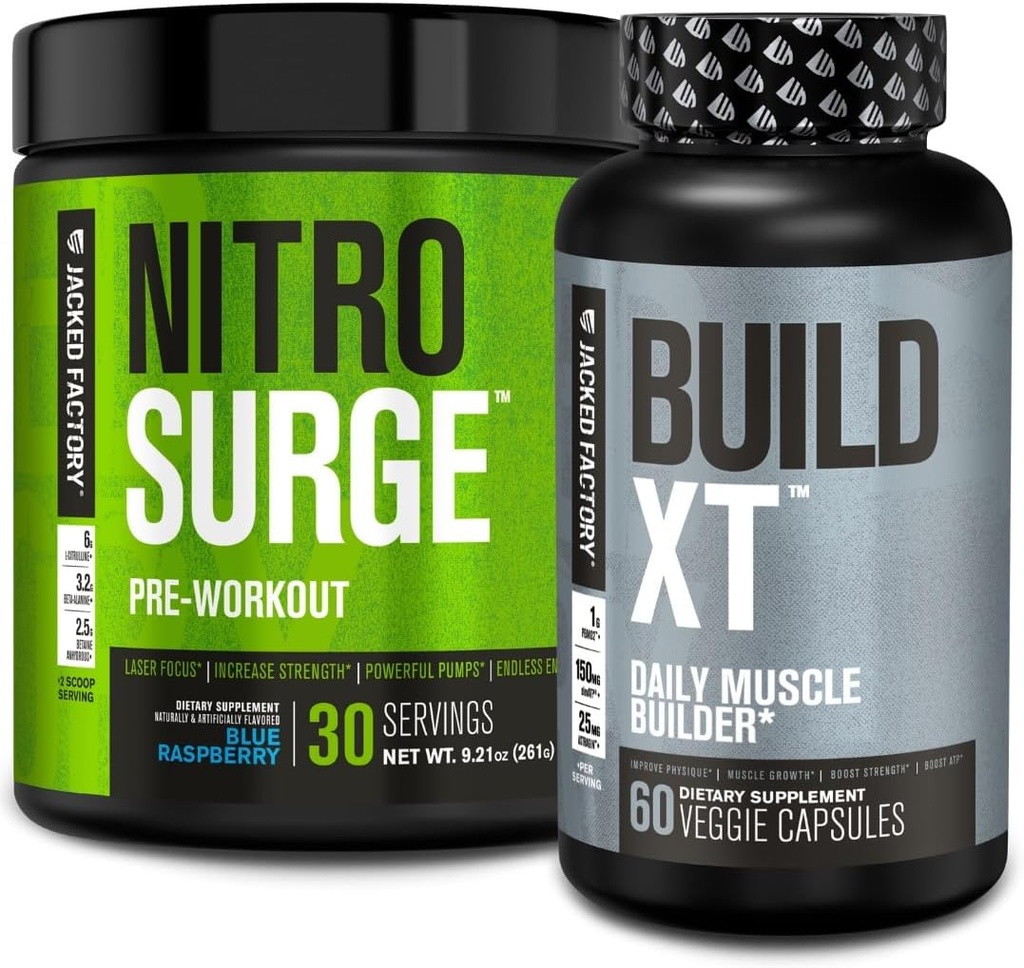 Fabrica Jacked Nitrosurge Pre-workout în zmeură albastră și construi XT musculare Bundle pentru bărbați și femei