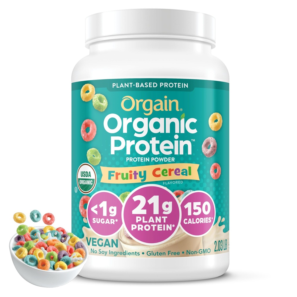 Orgain Organic Vegan Proteine Pulbere, Cereale Fruity - 21g Proteină pe bază de plante, 8g Fibră prebiotică, Carb net scăzut, Nu Ingrediente Lactoză, Nu Zahăr Adăugat, Non-GMO, Pentru Shakes & Smoothies, 2.03 lb