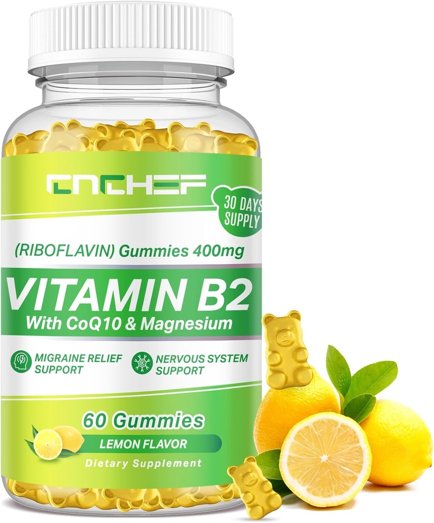Vitamina B2 Gume pentru adulți și copii - Riboflavin 400mg Supliment cu magneziu Glicinate & CoQ10, suport Migrene Relief & Sistem nervos, Boost Energy, Sugar Free Vegan B2 Gummies Lemon Flavor