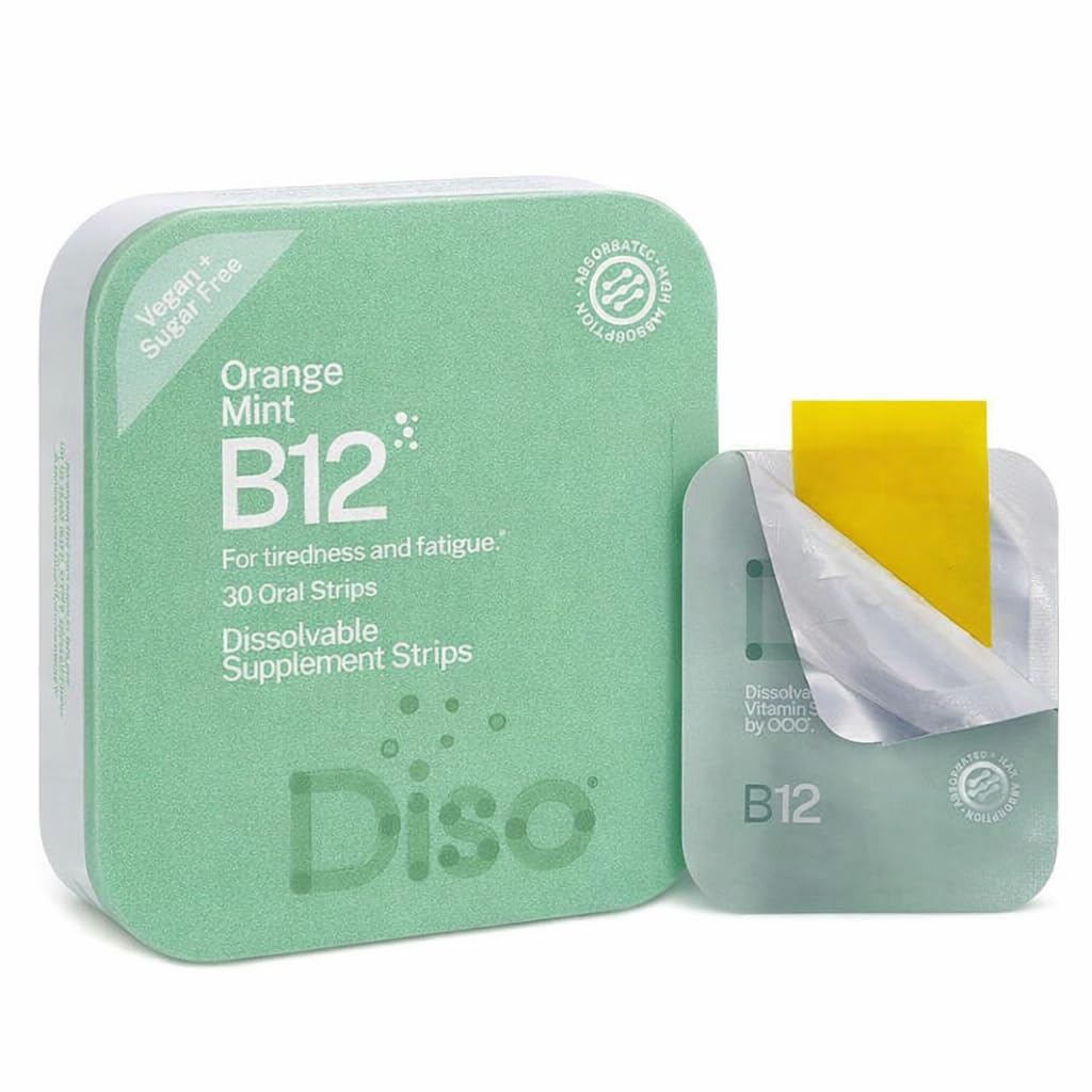 DISO - Vitamina B12 - Fâșii orale de eliminare rapidă, pentru oboseală și oboseală, aroma de mentă portocalie, Vegan, Sugar Free, Absorbție maximă, gluten gratuit, individuale înfășurate, 30 benzi dissolvabile