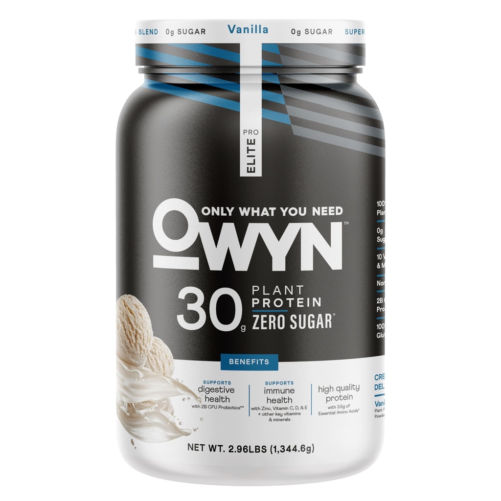 OWYN Doar ceea ce aveți nevoie de Pro Elite Vegan 30g de plante pe bază de mare pulbere de proteine, Zero zahăr (Vanilla, 2.9 lbs)
