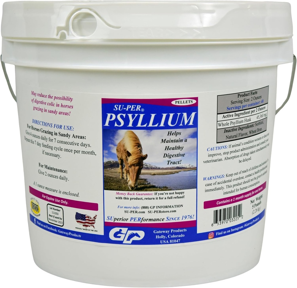 SU-PER Psyllium Pellets Equine Supliment - Mentine un tract digestiv sanatos la cai - Suporturi Îndepărtarea nisipului & Dirt de la Intestinal Tract - 5 Lire, 1 lună de aprovizionare