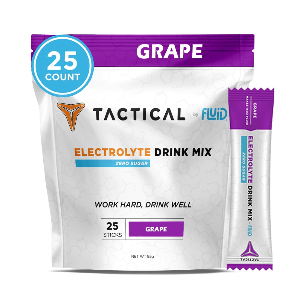 Fluid Tactical - Zero Zahăr, Keto Electrolit pulbere, Pachete de hidratare, Made in USA (Grape, 25 Count)