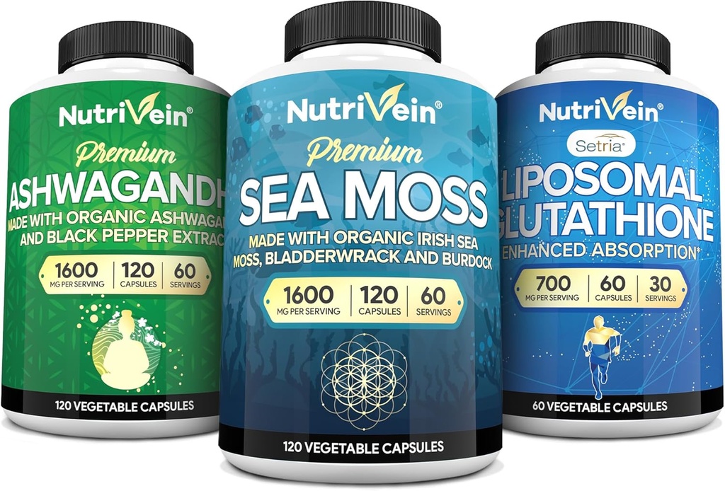 Nutrivein Premium Irish Sea Moss Capsules, Ashwagandha, și Liposomal Glutatione Suplimentul Bundle: Sea Moss, redus Glutatione, & Ashwagandha Suplimente pentru Imunitate, Mood, Digestion, & Detox