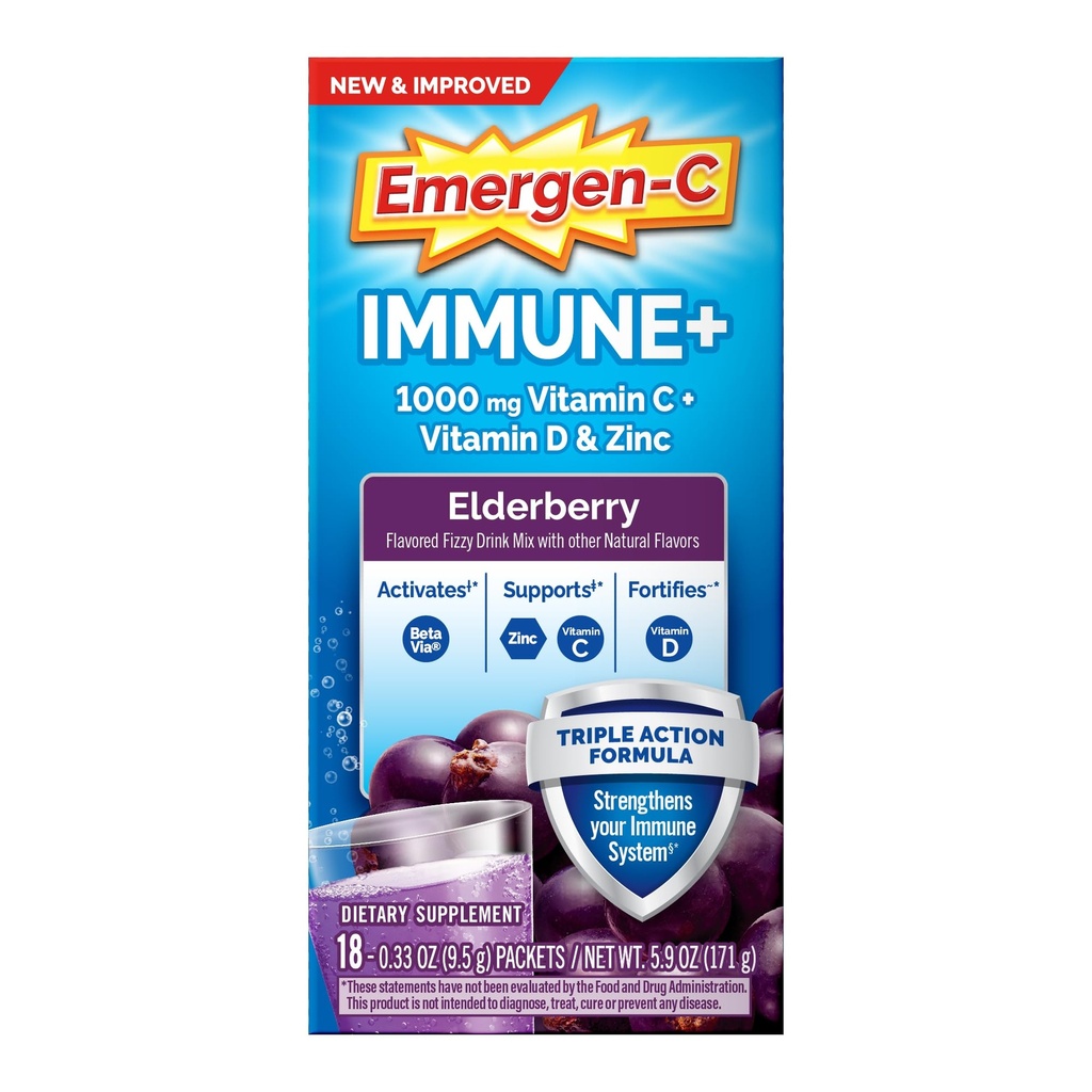 Emergen-C Imune+ Triple Acţiune Suport Imun, BetaVia (R), 1000mg Vitamina C, B Vitamine, Vitamina D şi Antioxidanţi, Elderberry, Înapoi la şcoală Essentials 18 Conte