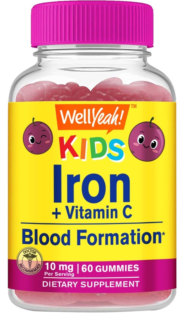 Ei bine, gumiile de fier pentru copii cu vitamina C - Suport anemie, formarea celulelor roșii din sânge, energie, și sprijin pentru imunitate Gummy, Suplimente de fier pentru copii - OMG-uri gratuit, aroma de struguri naturale - 60 Conte