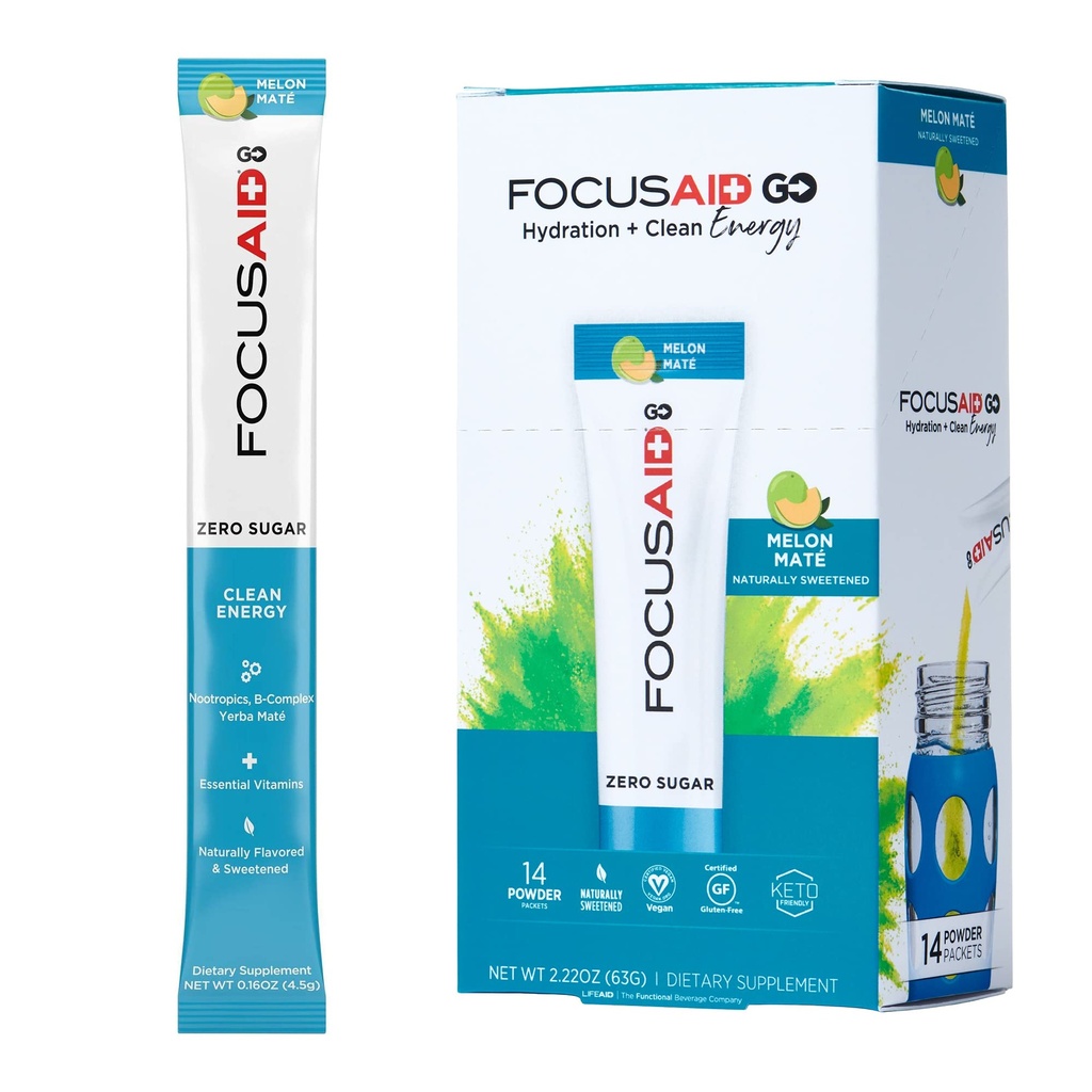 FOCUSAID GO Nootrops Energy Blend, Zero Sugar, Alpha-GPC, GABA, B-complex, Yerba Mate, Ceai Verde, Keto Friendly, 100mg Cafeina Naturala (Pachet de 14)