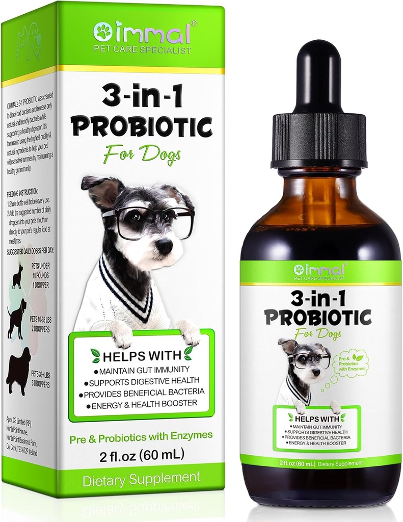 Probiotic pentru câini, Natural 3 din 1 Dog Picături Probiotice ajută la ameliorarea diareei, Suporturi Sanatate Gut, Itchy Skin, Alergii, Imunitate, Enzyme digestiv pentru Dog Supliment, Aroma Bacon - 60ml / 2 fl.oz