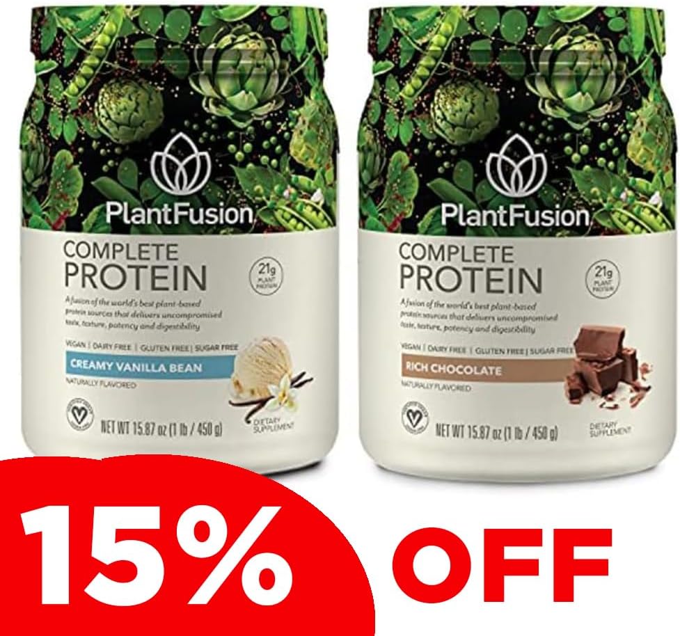 PlantFusion Complete Plant Bazed Pea Proteine Bundle, Non-GMO, Vegan, Dairy Free, Gluten Free, Soy Free, Alergie Enzime gratuite w/Digestive, Supliment alimentar, Vanilla Bean și Ciocolată 1 Liră