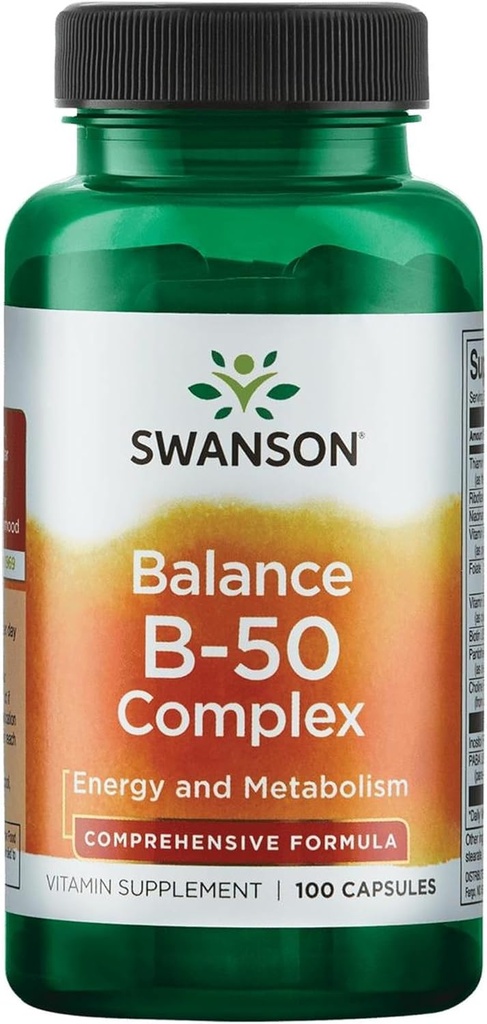 Complexul Swanson B-50 - Suplimentul de vitamine care promovează sprijinul energetic și metabolic - Poate sprijini sănătatea inimii, memorie și suport - (100 capsule)