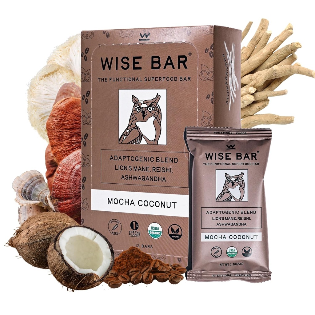 Bar de Wise Adaptogen Mushroom Nutrition Bars cu Reishi, Lions Mane & Ashwagandha, Organic Vegan & Gluten Free Snacks for Natural Focus, Energy & Imunity Support, Mocha Coconut Flavor, 12 Count