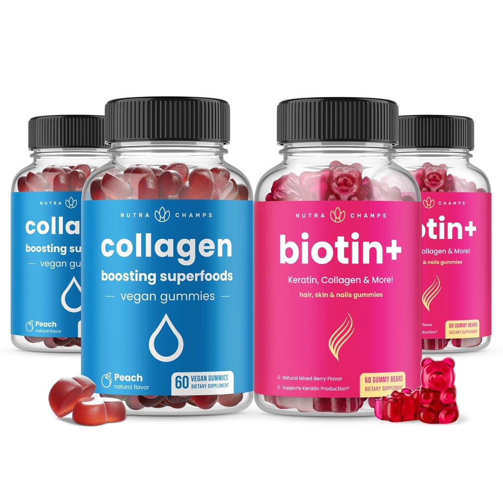 NutraChamps Păr complet, Piele și unghii Bundle. Biotina, Colagen, Keratina