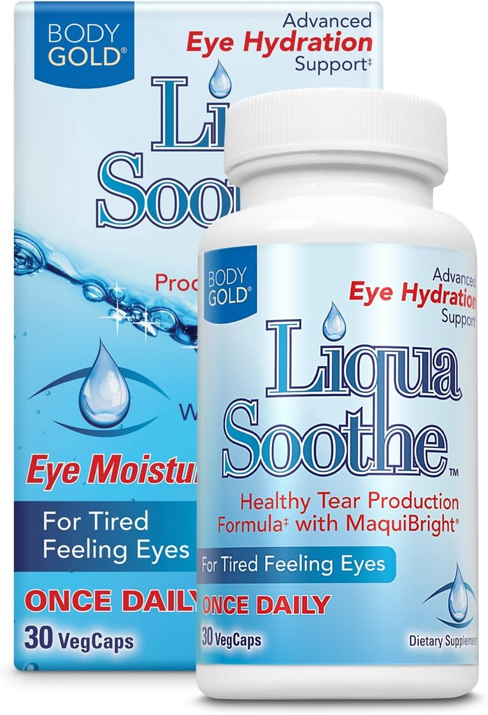 Body Gold Liqua Soothe Eye Health Supplement, Healthy Tear Production Formula for Dry, Obosit Feeling Eyes, w/MaquiBright, Vitamina A, Lutein and Hyaluronic Acid, 60 Day Guarantee, 30 Serv, 30 VegCaps
