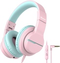iClever HS19 Căști pentru copii cu Microfon pentru școală, Seif Volume Limited, Over-Ear Girls Boys Căști pentru copii cu Shareport, Wired pliabil pentru iPad/Travel (Pink)