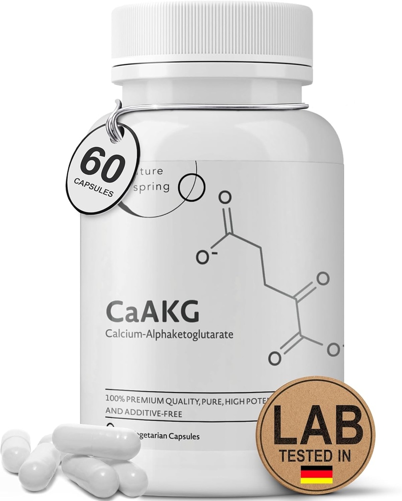 Suplimentul CaAKG (Alpha Ketoglutarat) (1000 mg per 2 capsule de servire, 60 capsule). Suportă energia celulară