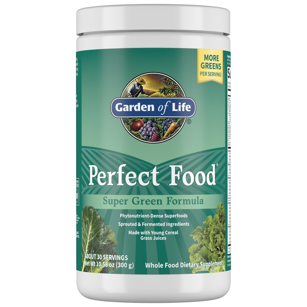 Garden of Life Perfect Food Super Green Formula - 30 Serviri, 45 Superfoods, Verzi, Fructe și legume Superfood Supplement Powder, Probiotice, Organic Spirulina pentru Digestion și Immune Health
