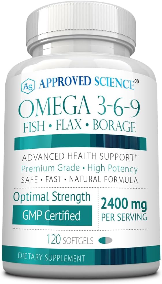 Știință aprobată Omega 3-6-9-2400mg Amestec zilnic de pește, semințe de in și ulei de Boraj cu vitamina E - Suport Wellness - Non-GMO, Mercur-Free - 120 Softgels - 2 Luna de aprovizionare
