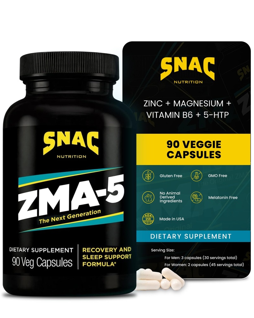 SNAC ZMA-5 Suplimentul de ajutor pentru somn, Promovarea Recuperarea si cresterea musculara, Suport Immun, & Somn Restaurativ cu Zinc, Magneziu & 5-HTP, Post Workout, Înainte de Bed ZMA Suplimente 90 Capsule vegetale