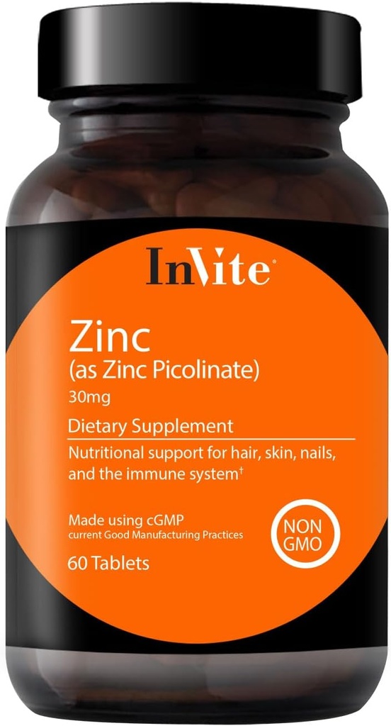 InVite Health Zinc Picolinat - 30 mg sub formă de zinc Picolinat - Sprijină Imun, unghie, piele și sănătatea părului - 60 comprimate (2-Pachet)