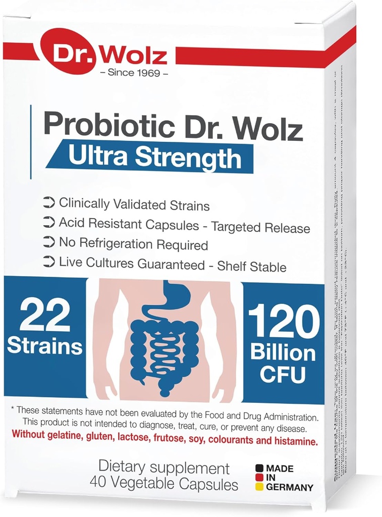 German Premium Daily Probiotics for Women and Men, 120 Billion CFU - 22 Strains, Vegan Probiotic Capsules for Gut, and Digestive Health Support Supplement, Target Release Pill Formula 40 Cout